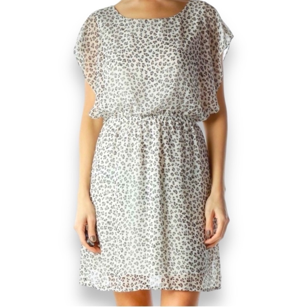 Needle & Thread Women’s White Cheetah Flutter Sleeve Mini Dress, Lined, Size S